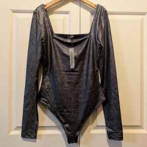 Second Skin by RD Style Stacy Square Neck Bodysuit Top Metallic Luxe Grey New!
